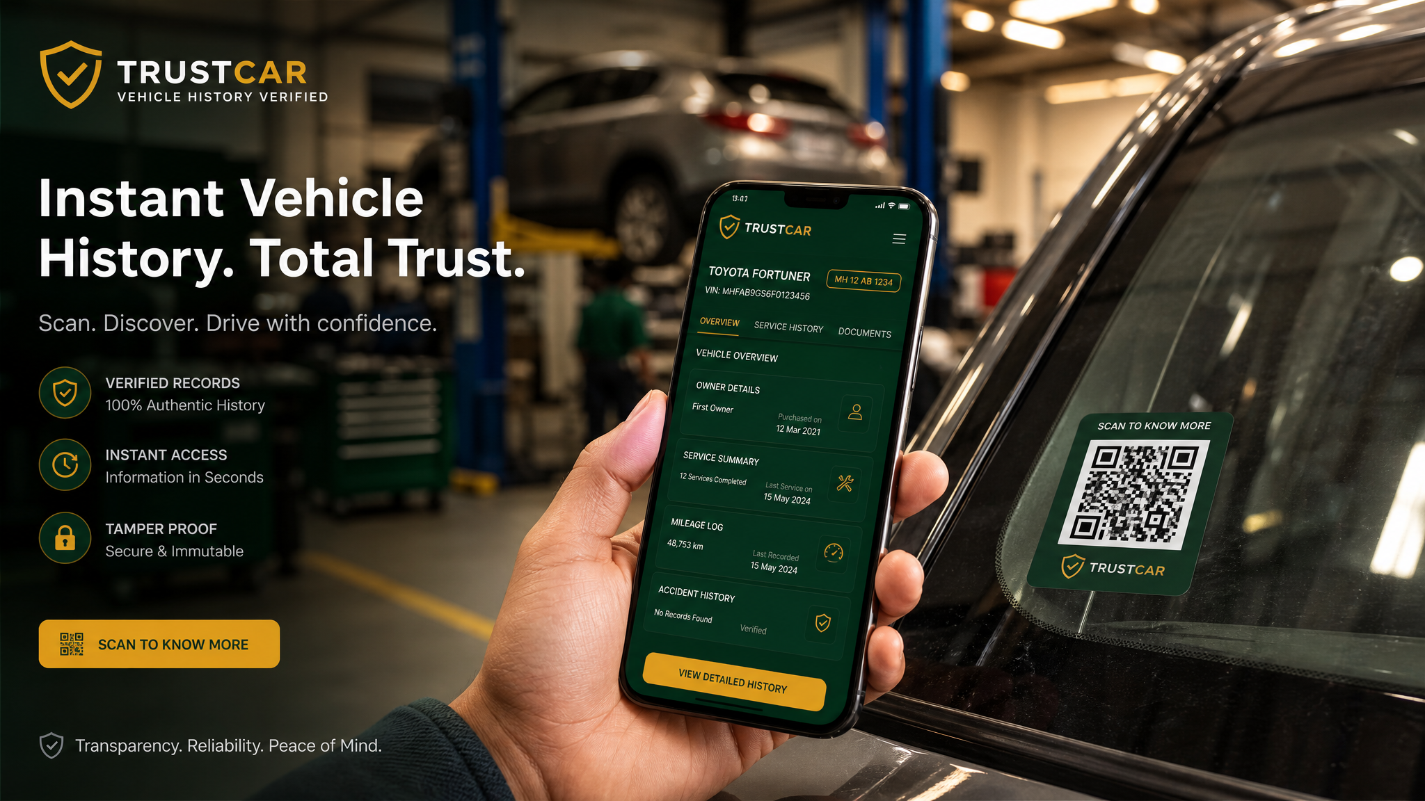 Digital Vehicle Passport — scan QR code on windshield to view complete service history